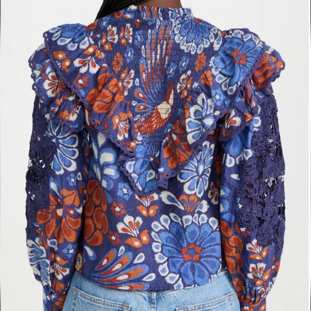 FARM RIO Smocked Pineapple Flowers Navy Blue Blouse Size Small - Picture 2 of 13